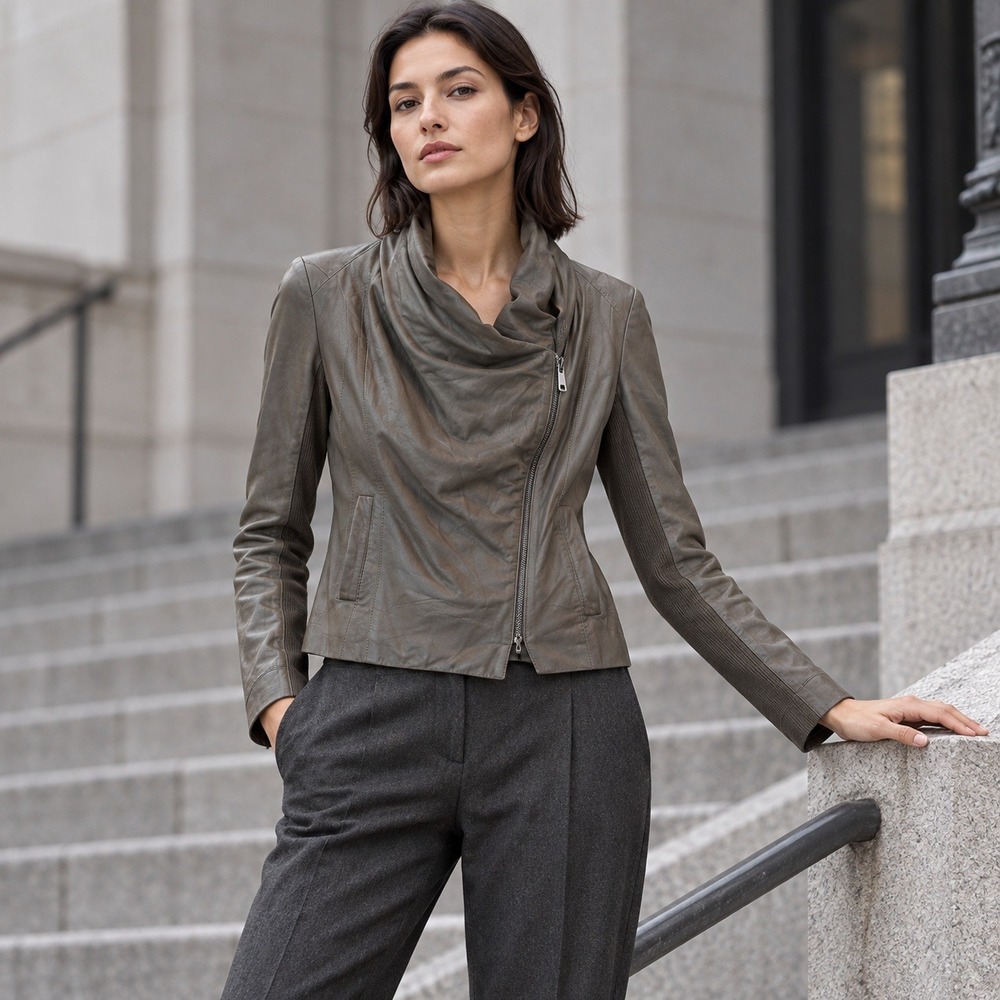Vince Leather Jacket Womens S Olive Gray Draped Funnel Neck Asymmetric Zip Moto